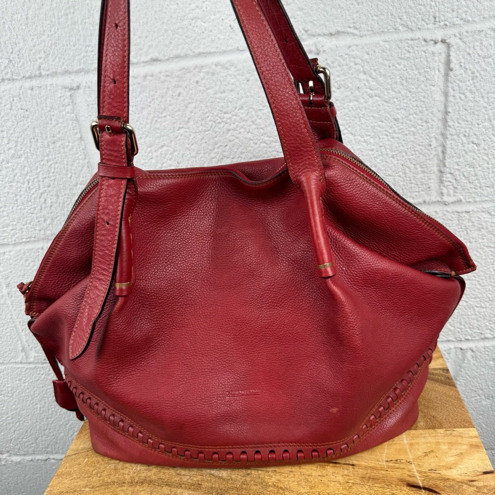 Dooney & Bourke Red Pebbled Leather Shoulder Bag Whipstitch Detail